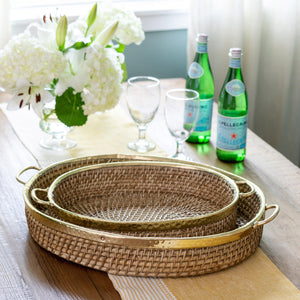 Amelia Woven Bamboo and Brass Oval Tray, Set of 2