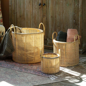 Woven Rattan Baskets with Handles, Set of 3