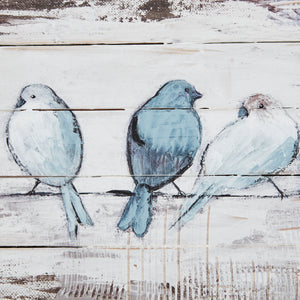 Perched Birds - White/Grey 30X12" Hand Painted Wood Plank