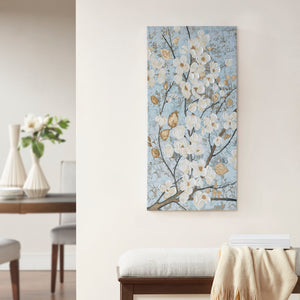 Luminous Bloom - Blue 39x19" Printed Canvas with Gold Foil and 30% Brush Stroke Embellished - Metallic Illuminated Foiled