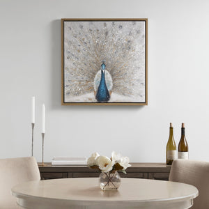 Gilded Peacock - Blue/Neutral Framed Canvas with Gold Foil and 30% Embellishment
