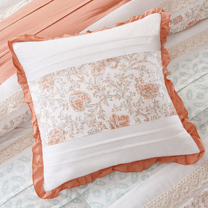 Dawn - Coral 100% Cotton Percale Printed Piecing Pintuck Ruched Flange 9pcs Comforter Set