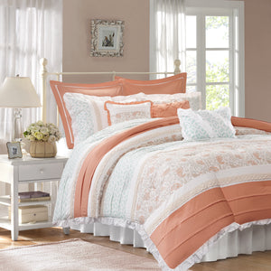 Dawn - Coral 100% Cotton Percale Printed Piecing Pintuck Ruched Flange 9pcs Comforter Set
