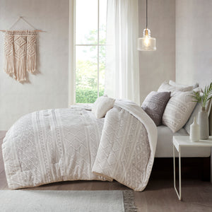 Lizbeth - White/Grey 100% Cotton 5pcs Clip Jacquard Comforter Set