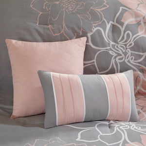 Lola - Grey/Blush 100% Cotton Sateen Printed 6 Piece Comforter Set