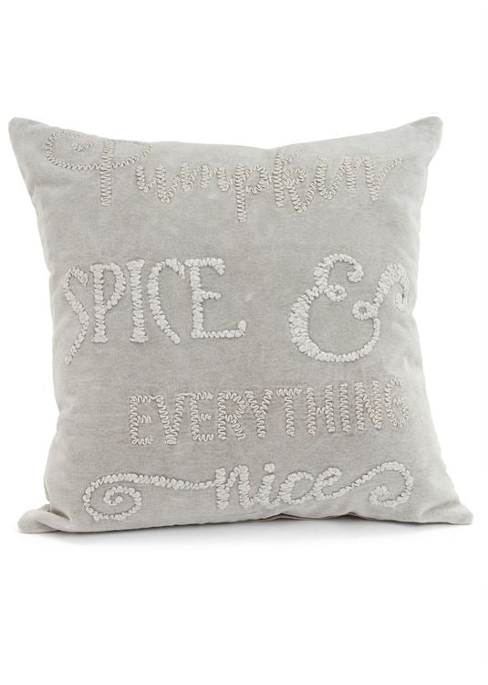 Embroidered Velvet Pumpkin Spice Pillow, Light Grey
