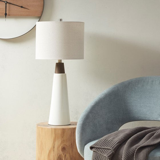 Tristan Ceramic with Wood Table Lamp - White Base/Cream Shade