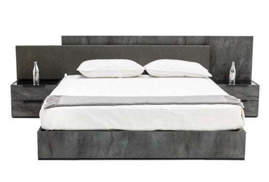 Nova Domus Ferrara - Modern Volcano Oxide Grey Bed + Nightstands