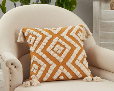 Down Filled Tufted Tassel Square Pillow, Mustard