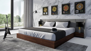Nova Domus Janice - Modern Grey Fabric and Walnut Bed and Nightstands