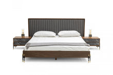 Load image into Gallery viewer, Nova Domus Metcalf - Mid-Century Walnut &amp; Grey Bed w/ Two Nightstands

